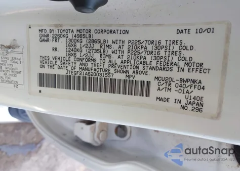 2002 Toyota Highlander Limited V6 from USA, damaged, VIN JTEGF21A620031557